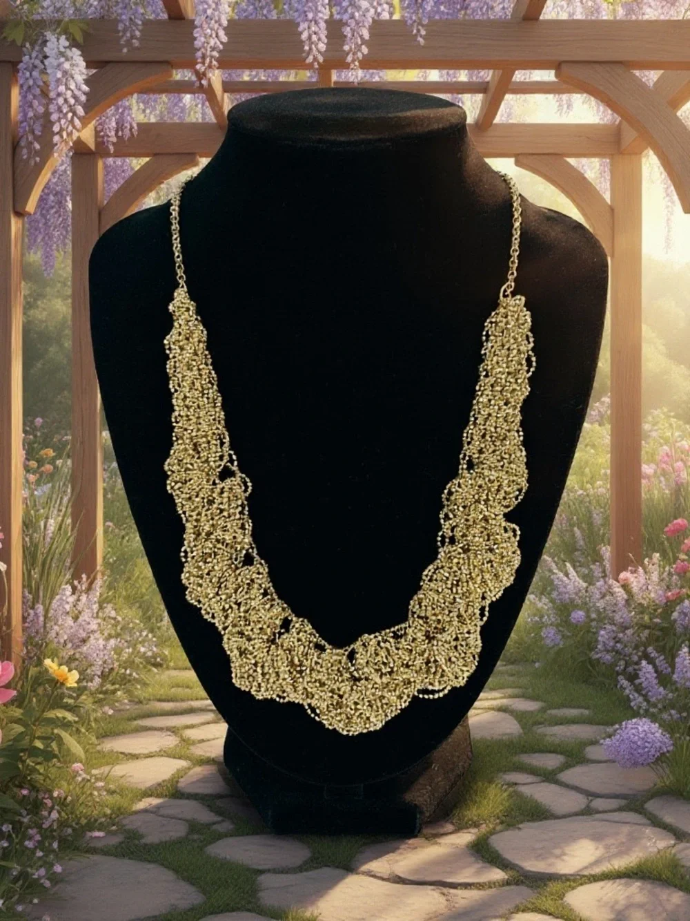 Elegant Gold Beaded Lace Necklace - Women Jewelry